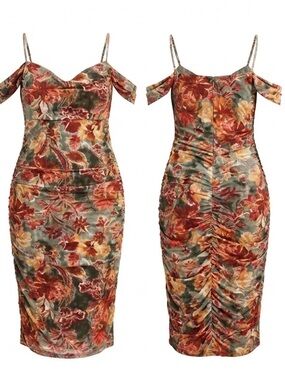 Katia Rae Olive Floral Trendy Cowl Neck Printed Midi Dress NWT